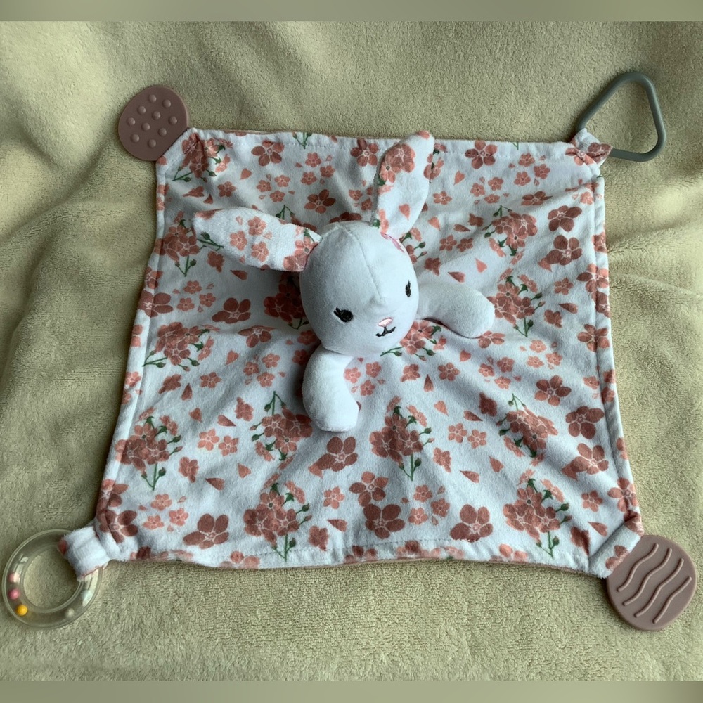 Modern Baby Floral Plush Bunny Rabbit Lovey Stuffed Animal w Teethers Rattle #2